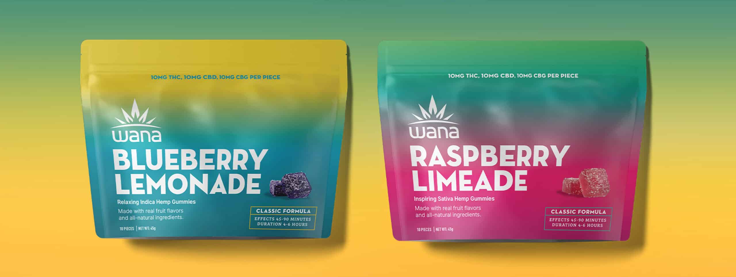 Side-by-side pouches of Wana Gummies. One says "Blueberry Lemonade" and one says "Raspberry Limeade."