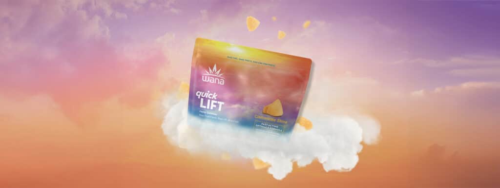 A package of Wana's mood-lifting Quick Lif Gummies, floating on a cloud against a sunlit sky.