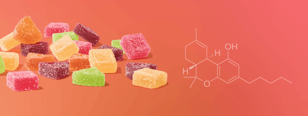 A pile of Wana Gummies beside a scientific diagram of the THC molecule.