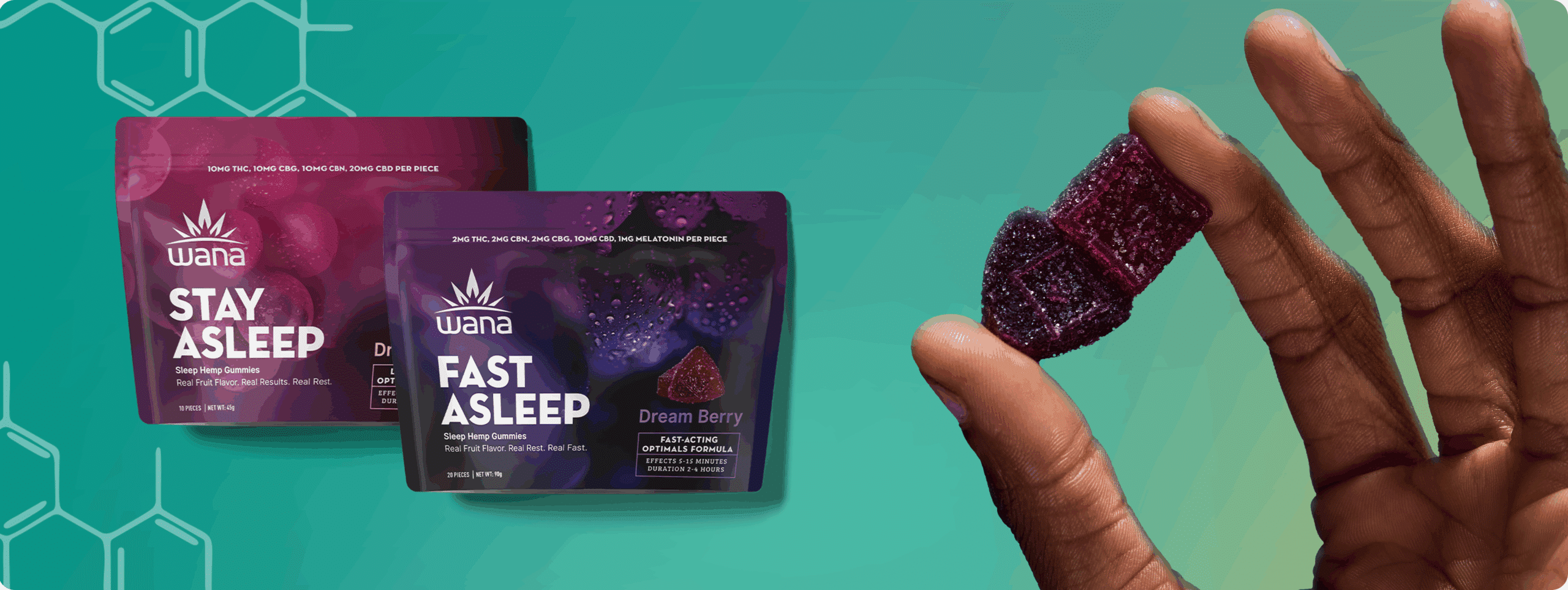 Packaging for Wana's Stay Asleep and Fast Asleep Gummies, featuring CBN, CBG, THC, and CBD.