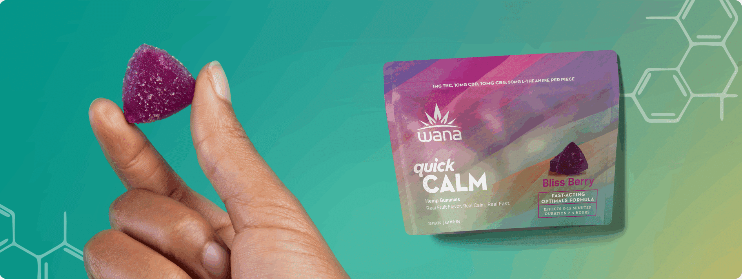 Packaging for Wana's anxiety-relieving Quick Calm Gummies, featuring CBD, CBG, l-theanine, and a low dose of THC.