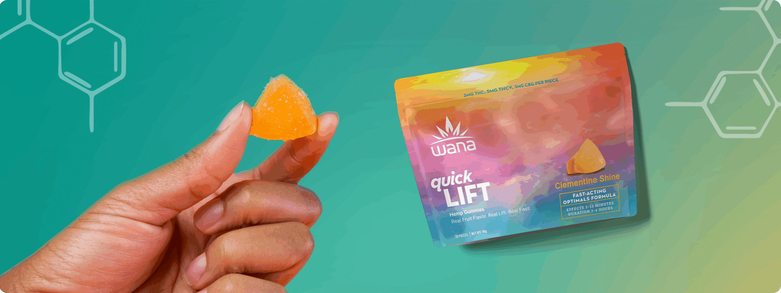 Packaging for Wana's mood-boosting Quick LIft Gummies, featuring THC, CBG, and THCV.