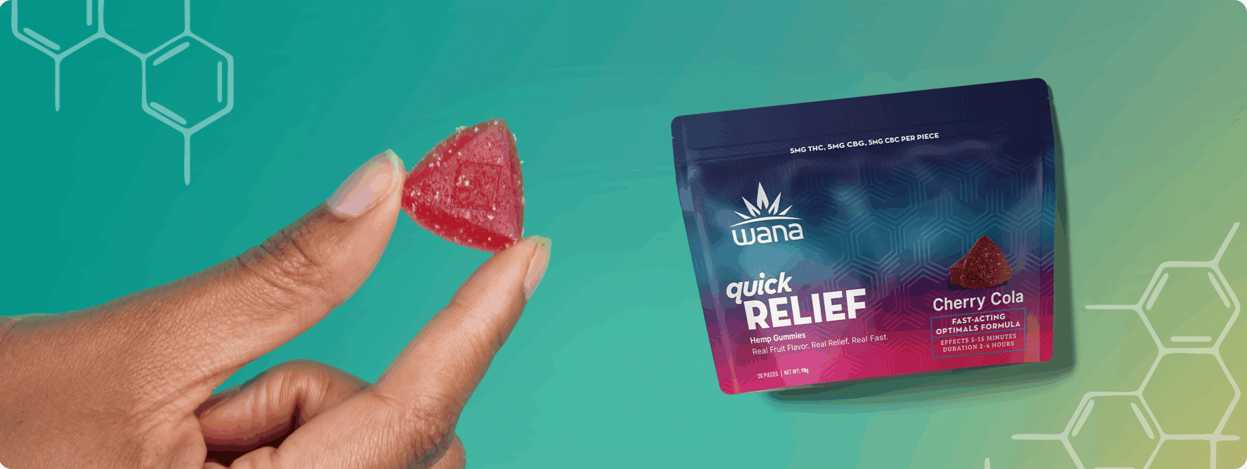 Packaging for Wana's Quick Relief Gummies, featuring CBG, CBC, and THC.
